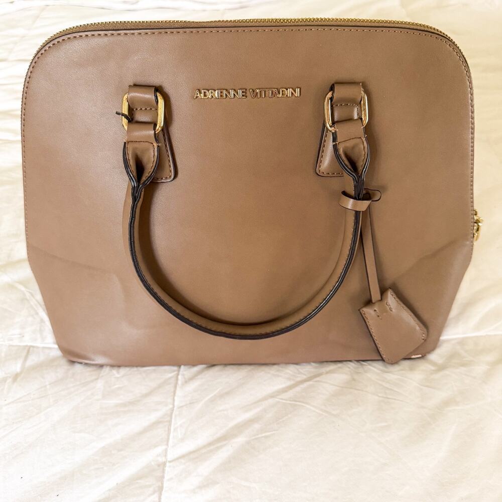 Adrienne Vittadini Taupe Faux Leather Satchel Top Handle Purse Bag